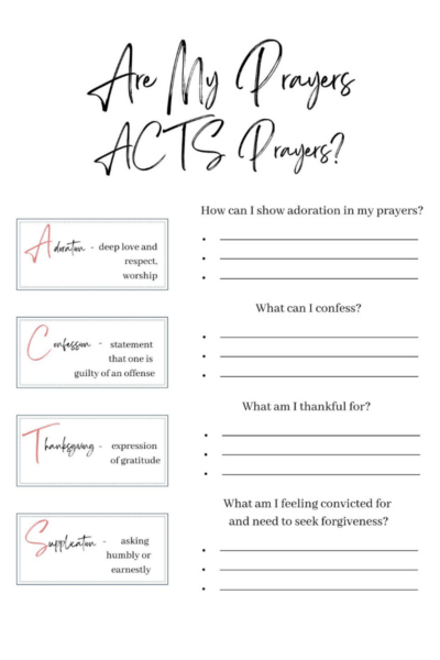 Pic of Are your prayers an ACTS prayer guide. Simple squares on the left that explain each letter of the acronym and lines on the right of them asking questions to help you answer them. 