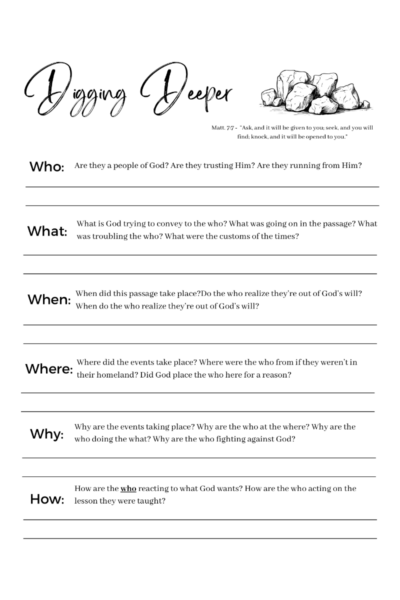 This Digging Deeper sheet is a black and white sheet of questions to help you study any Bible passage. 